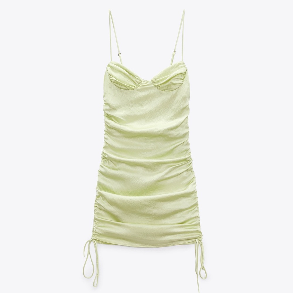 Zara Ruched Satin Dress Light Green
